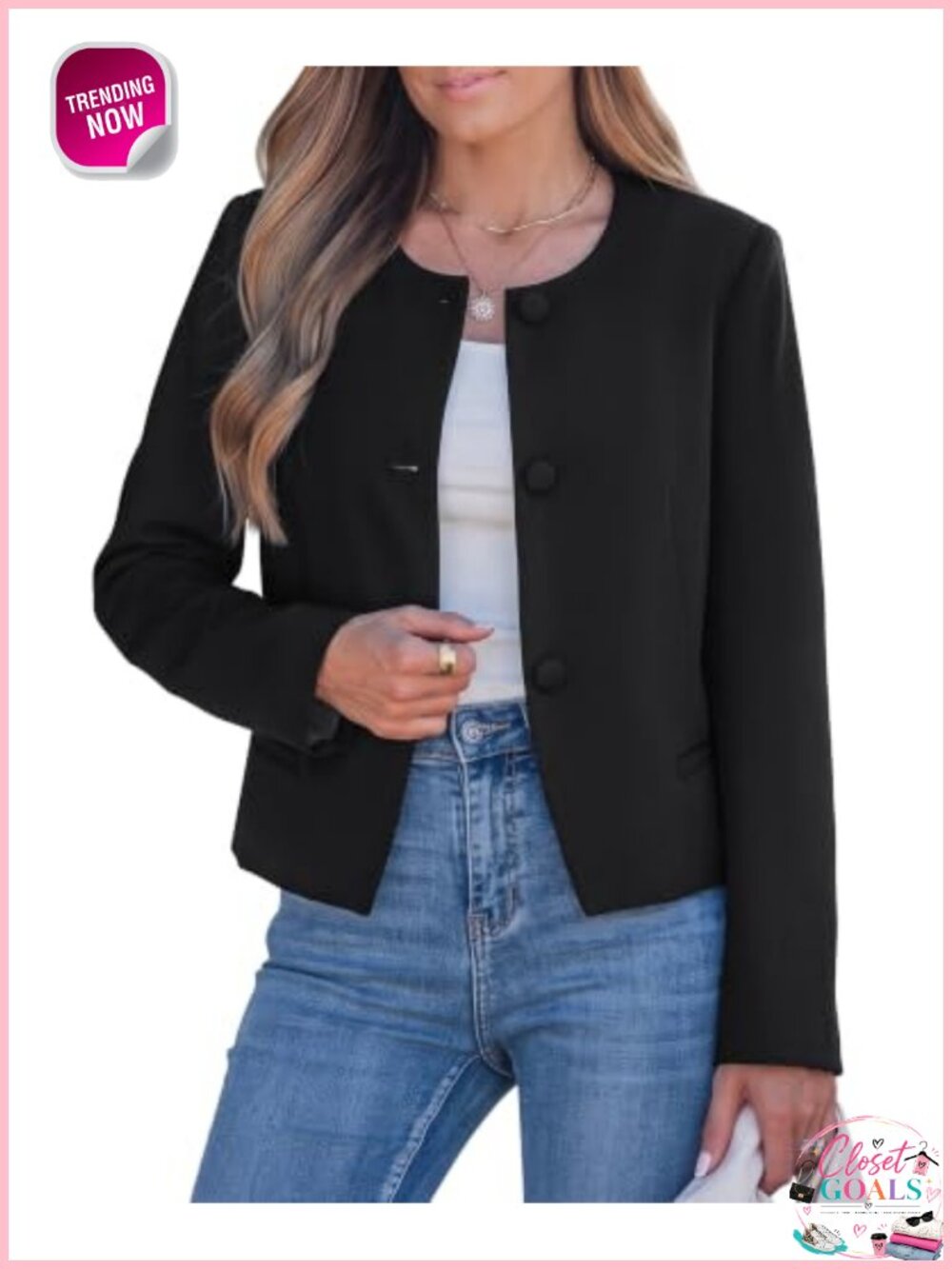 Cropped Collarless Button Down Blazer Business Casual Jacket